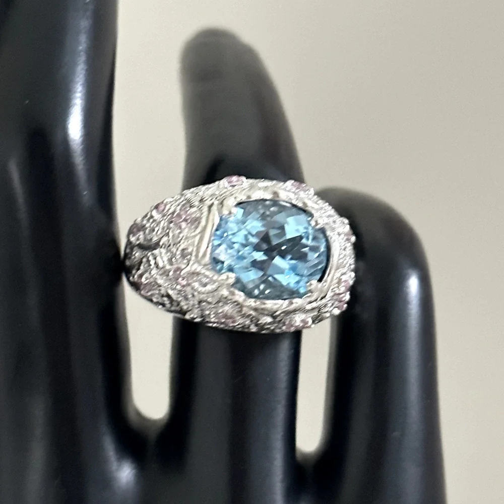 David Sigal 925 Sterling Silver Genuine Blue Topaz Pink CZ Statement Ring Size 9